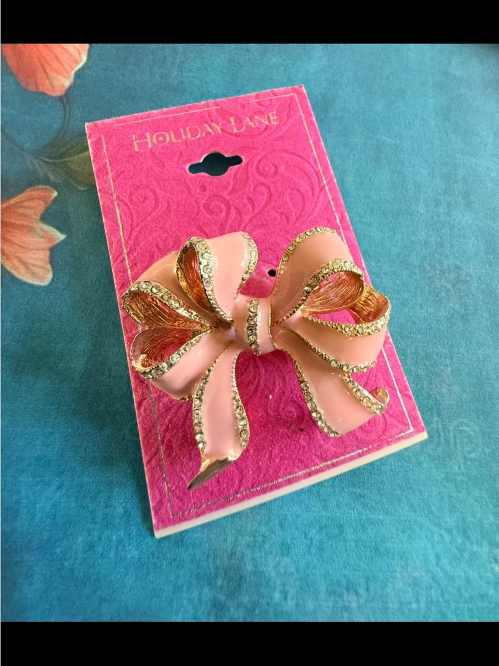 Pink Enamel Bow Brooch with Rhinestones